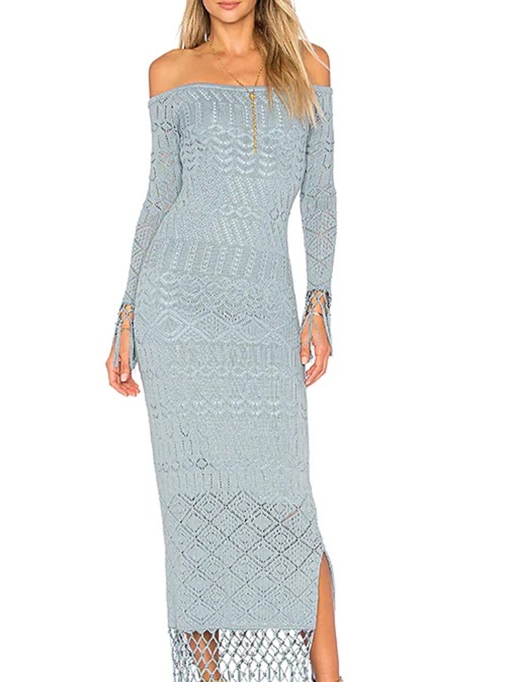 House of Harlow 1960 Off-Shoulder Crochet Maxi Dress in Light Blue